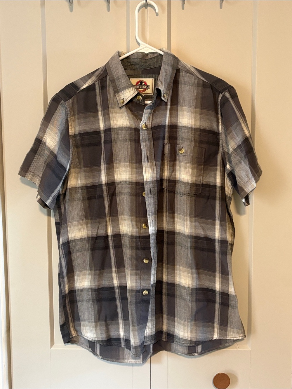 Short-Sleeve Plaid Button-Up Shirt - Gray/White